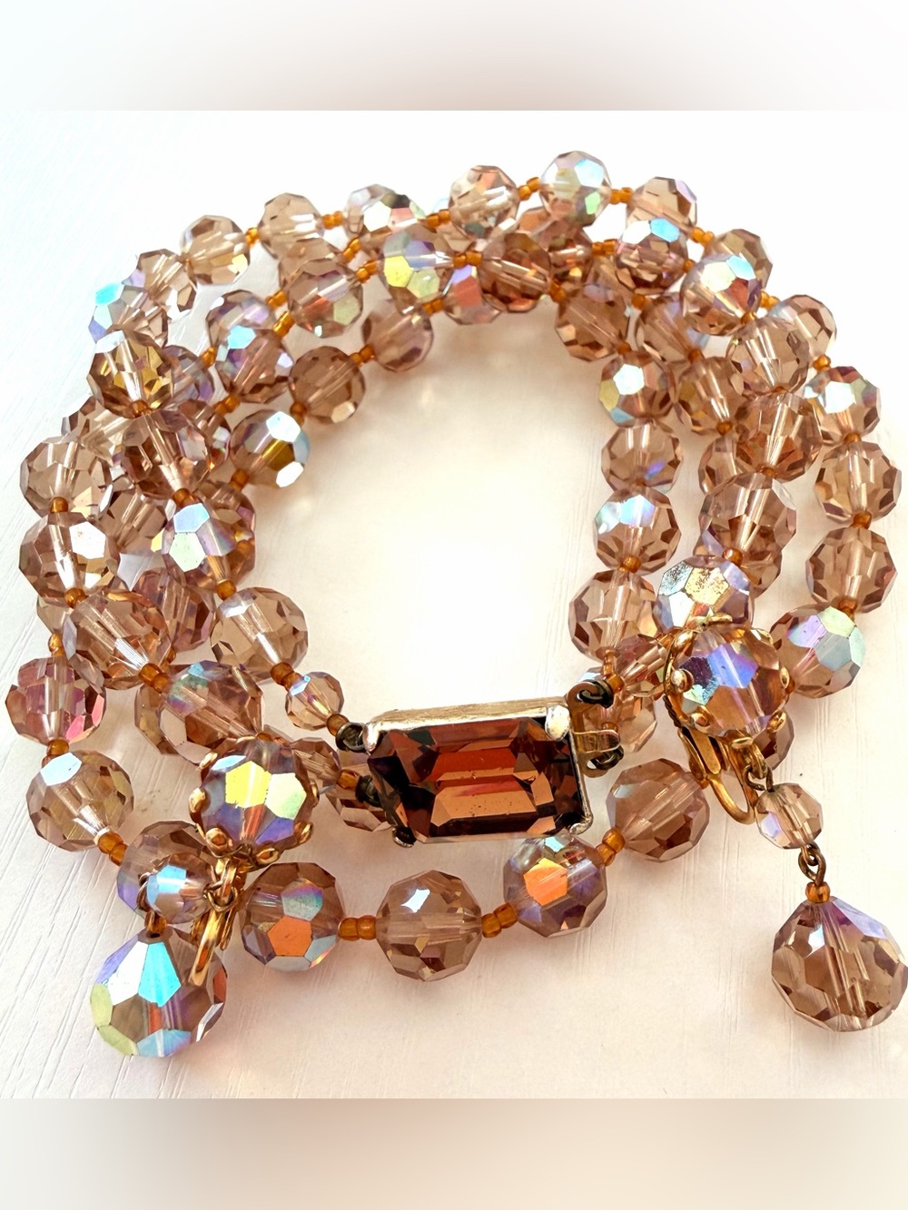 VTG 60’s Aurora Borealis (AB) AMBER crystal necklace & matching earrings